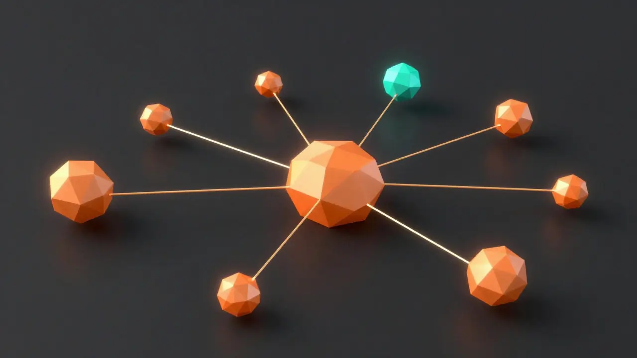Geometric network diagram illustrating decentralized validator nodes
