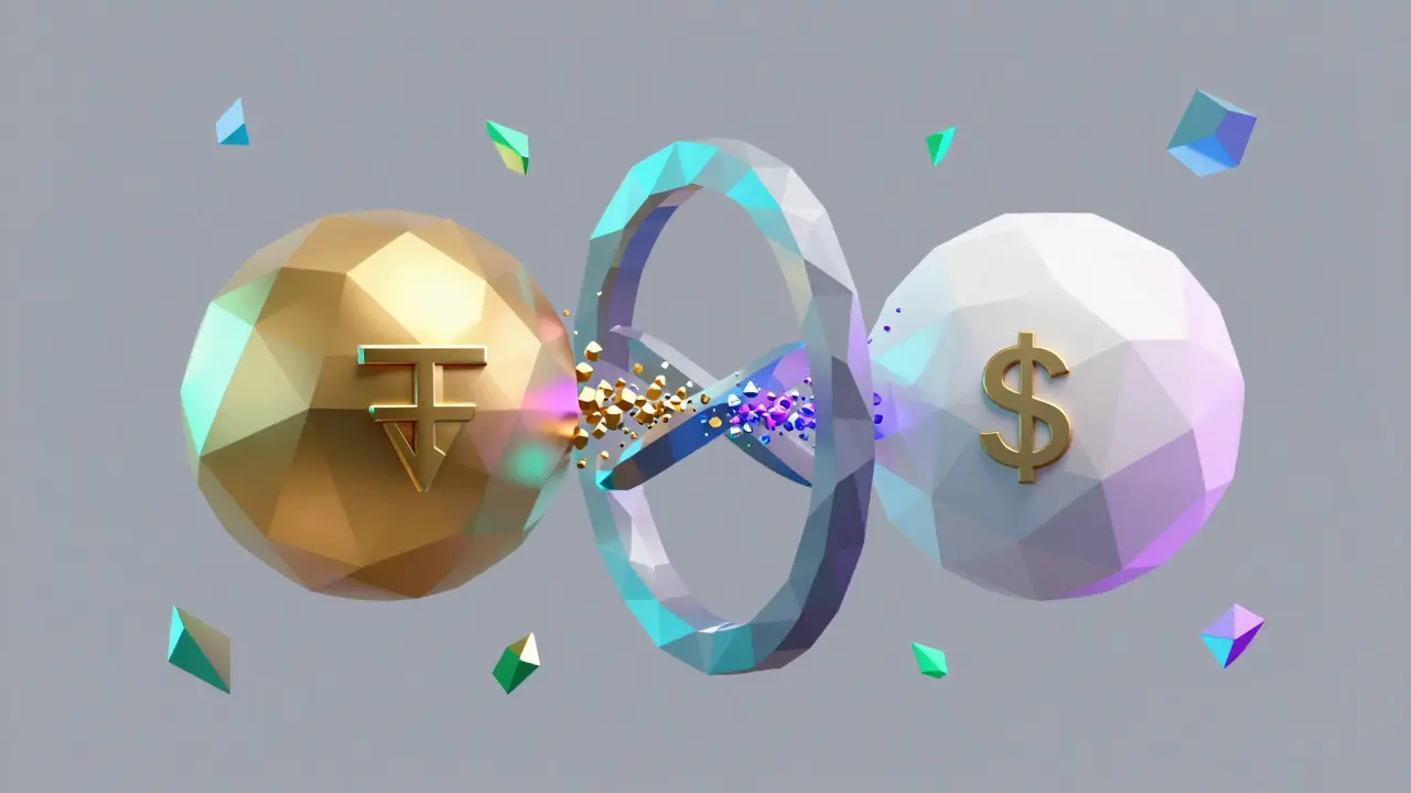 Geometric representation of liquidity pools merging tokens in a low poly style