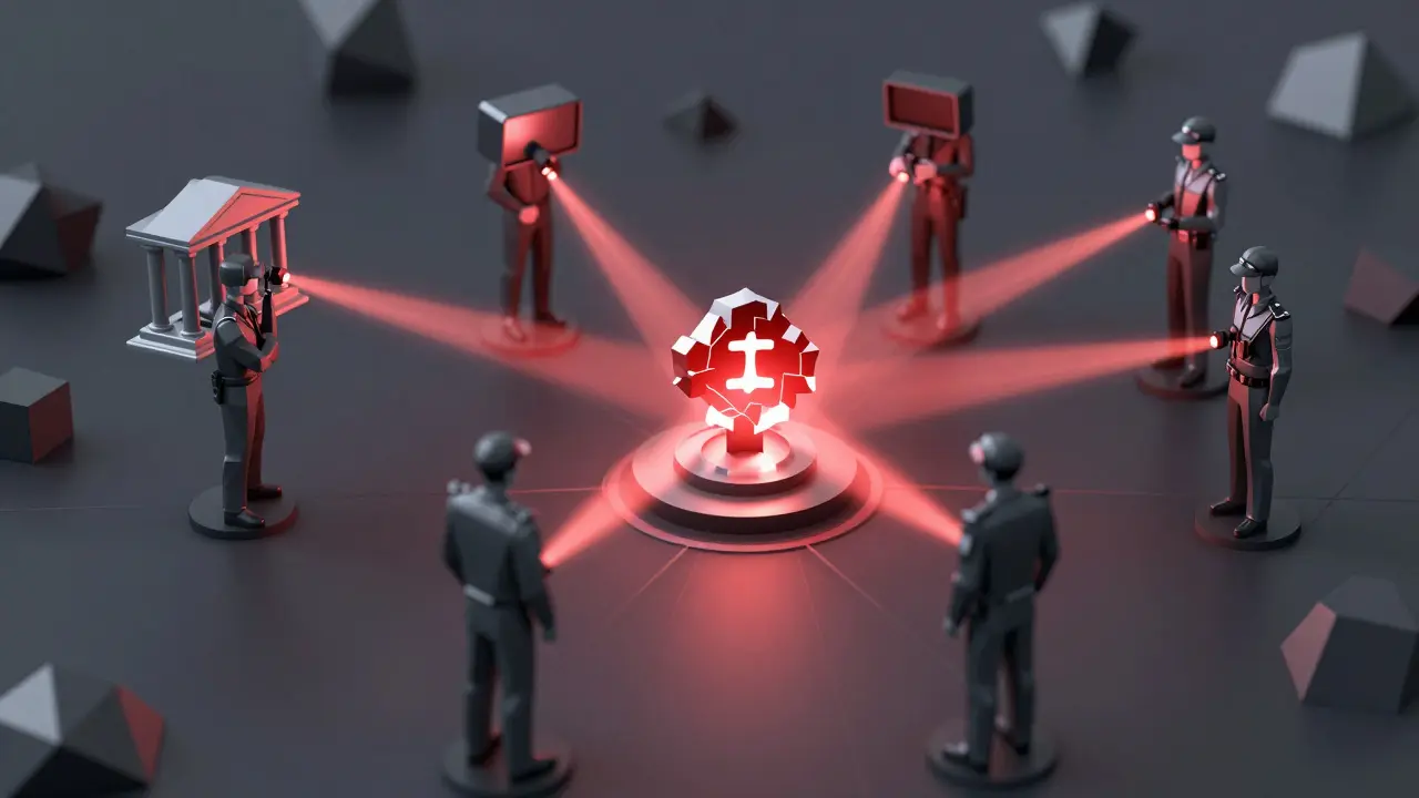 Geometric representation of multiple agencies surveilling a central digital asset