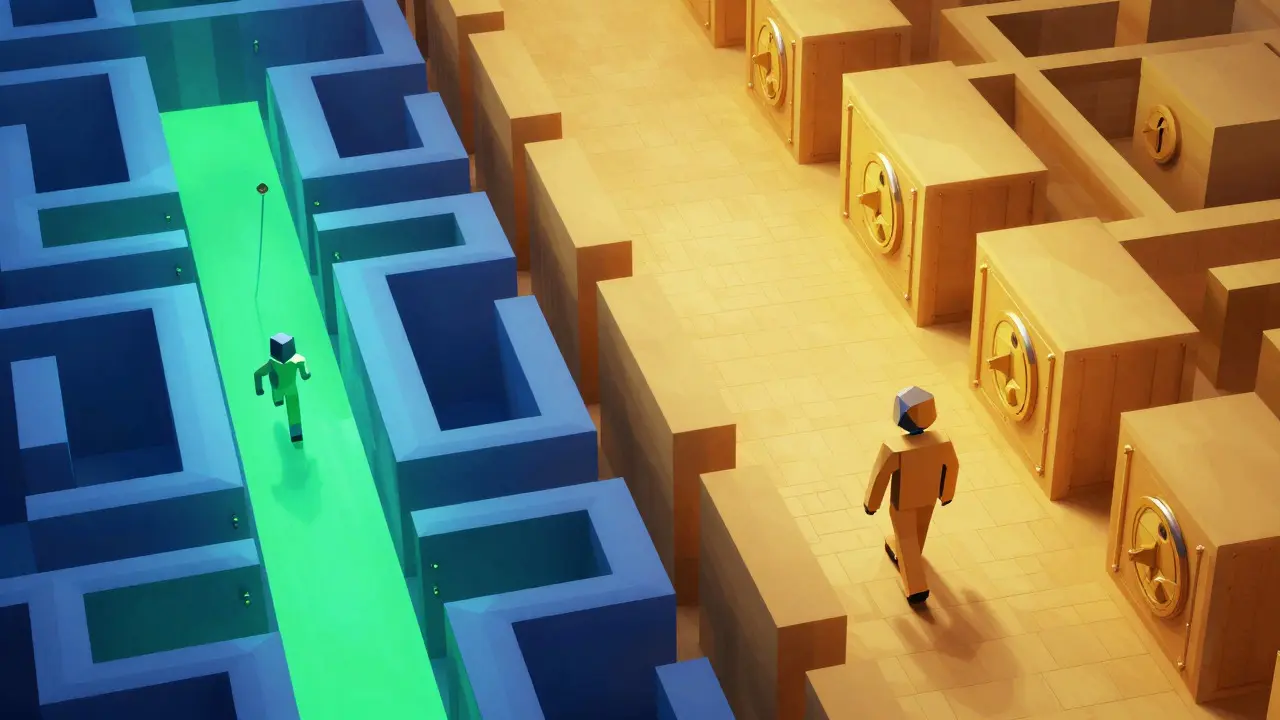 Isometric view of a narrow neon path vs a wide golden digital road