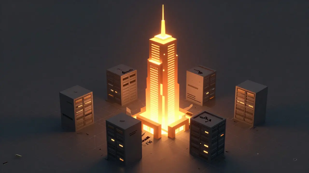 Low poly art showing small structures merging into a large glowing central tower