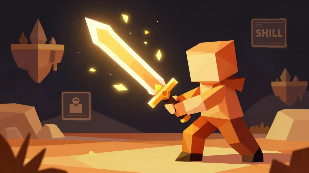 Low poly character earning glowing SHILL token shards during gameplay