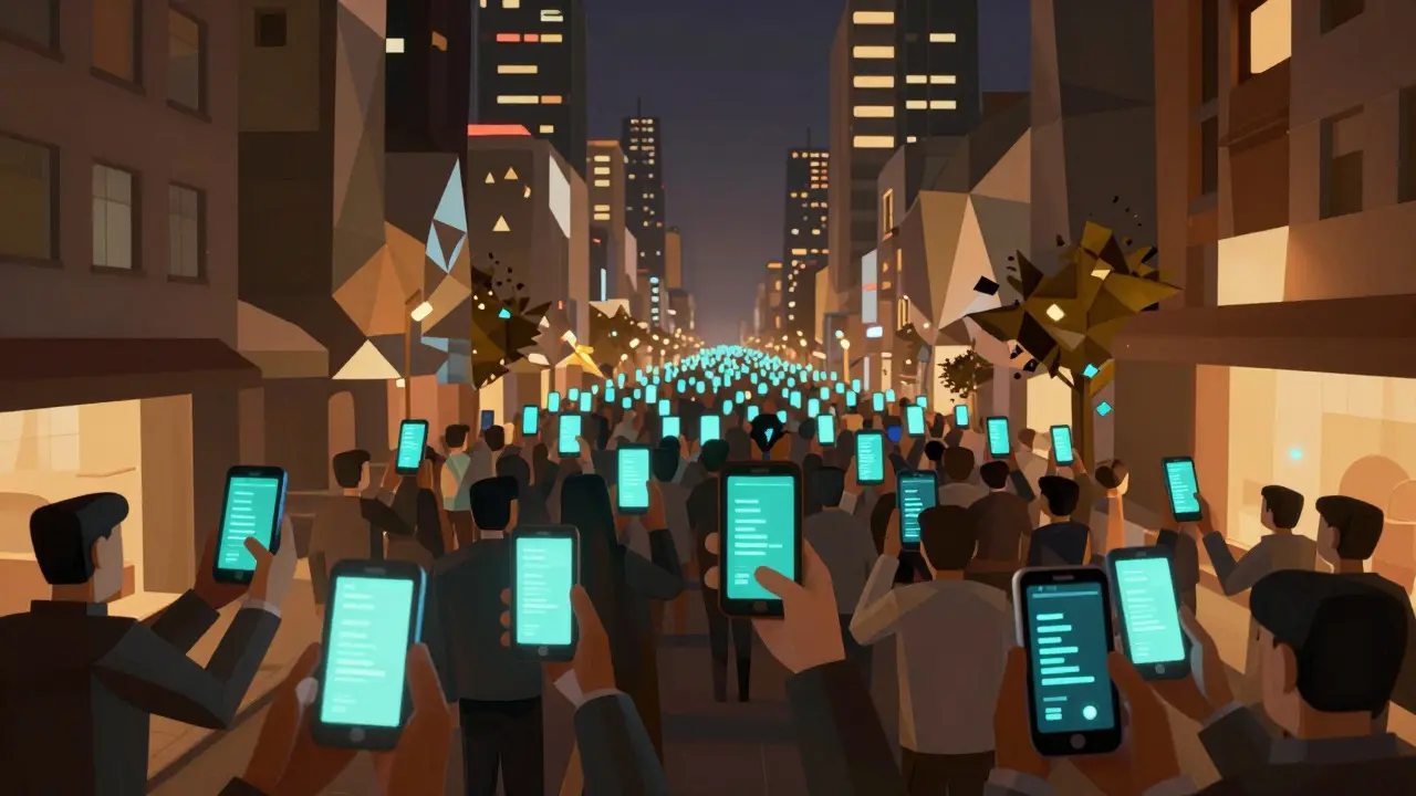Low poly city scene with people holding glowing mobile devices