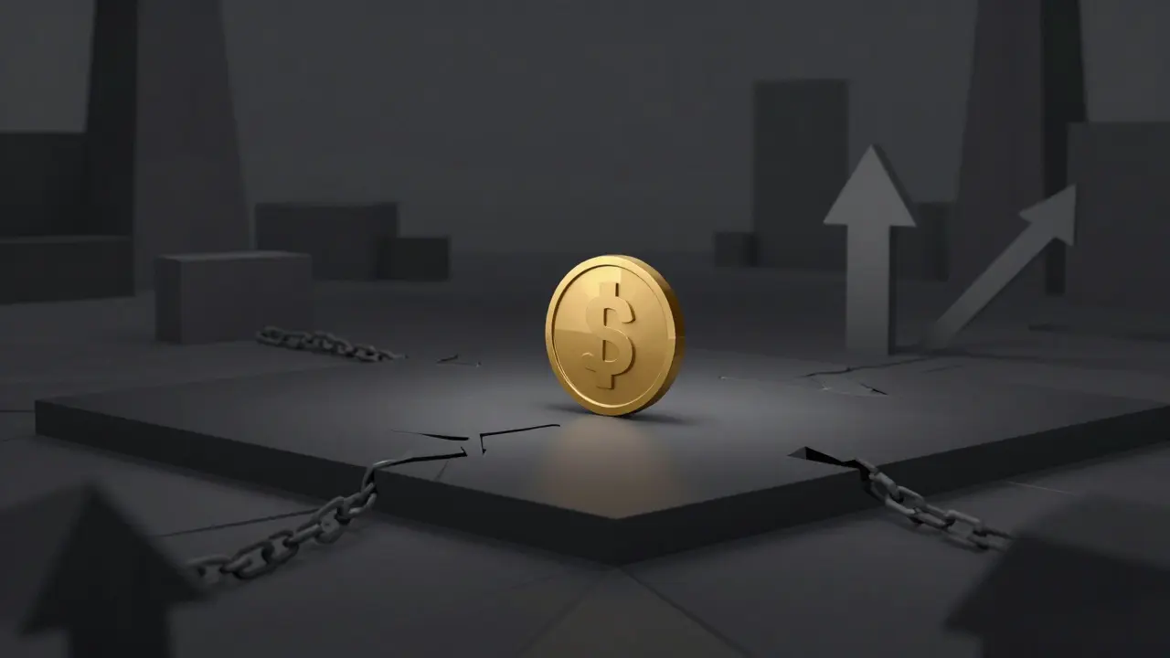 Low poly coin isolated on an empty dark platform symbolizing liquidity risks