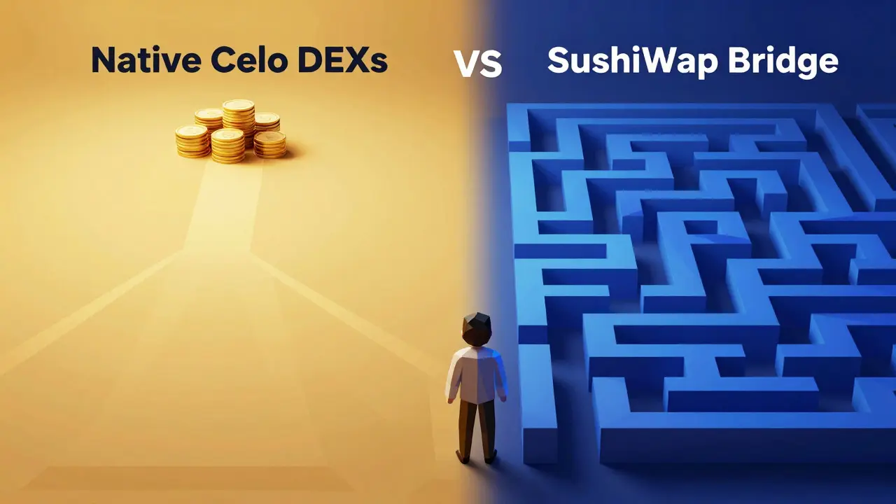Low poly comparison of a direct smooth path versus a complex maze for crypto trading routes.
