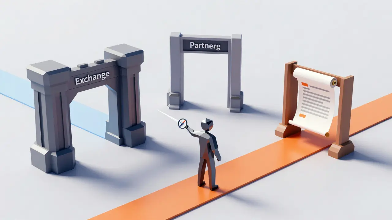 Low poly figure choosing between three strategic paths represented by geometric gates