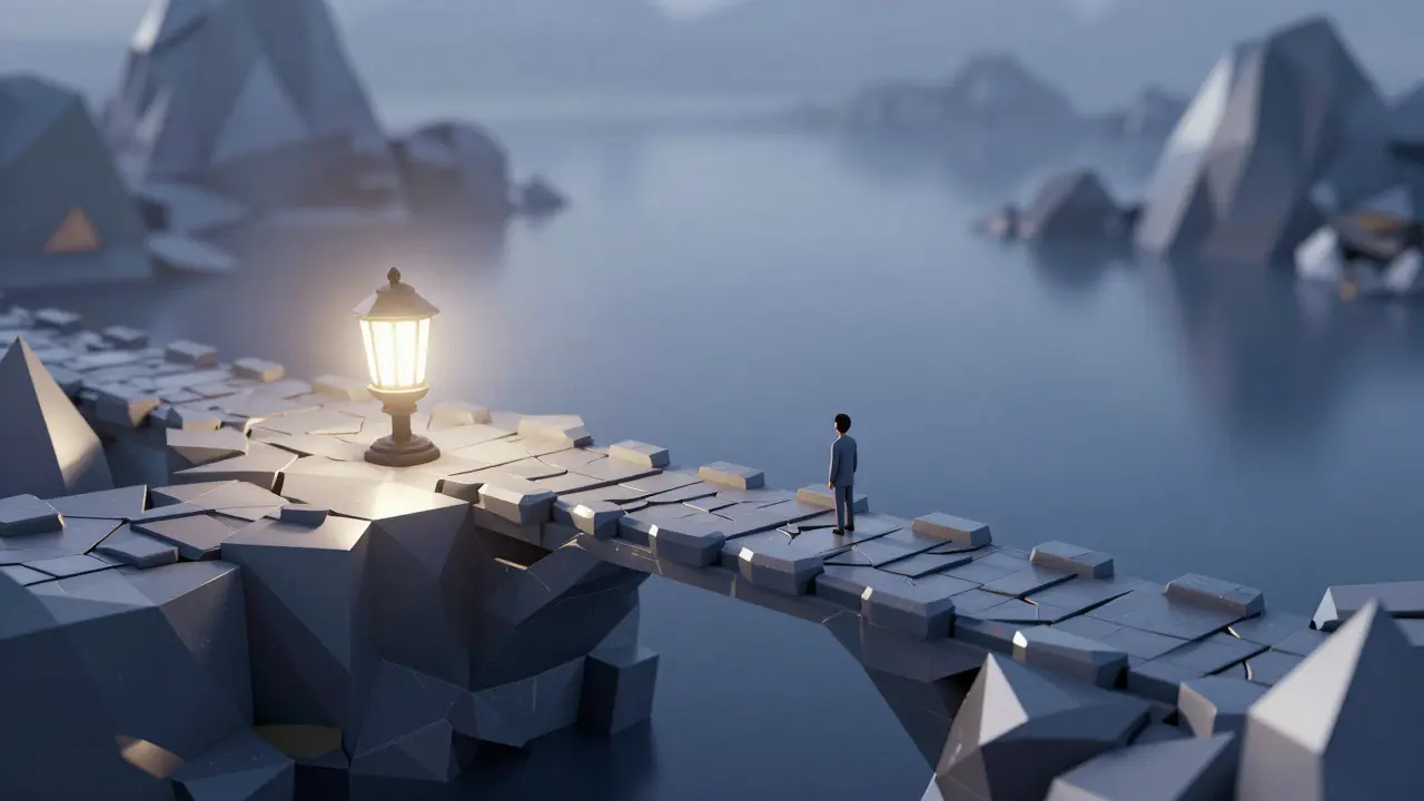 Low poly figure standing before a geometric bridge over a digital chasm