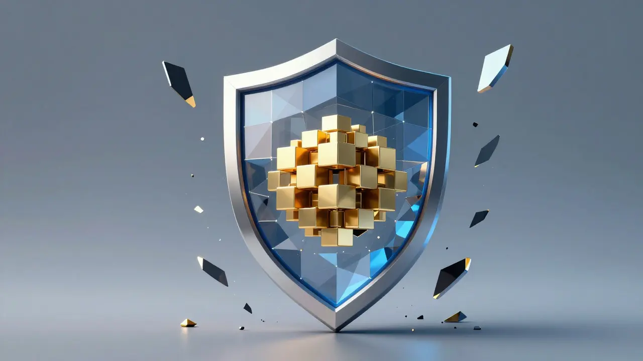 Low poly geometric shield protecting data cubes, representing enhanced security and integrity.