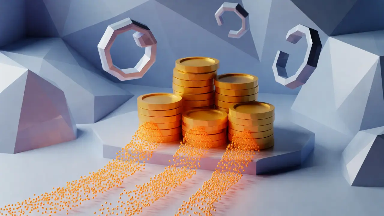 Low poly gold coins transforming into orange particles