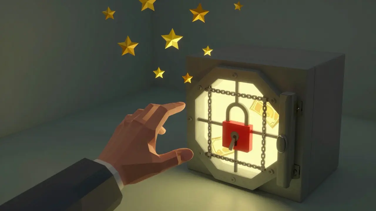 Low poly illustration of a hand trapped in a digital cage with falling negative stars