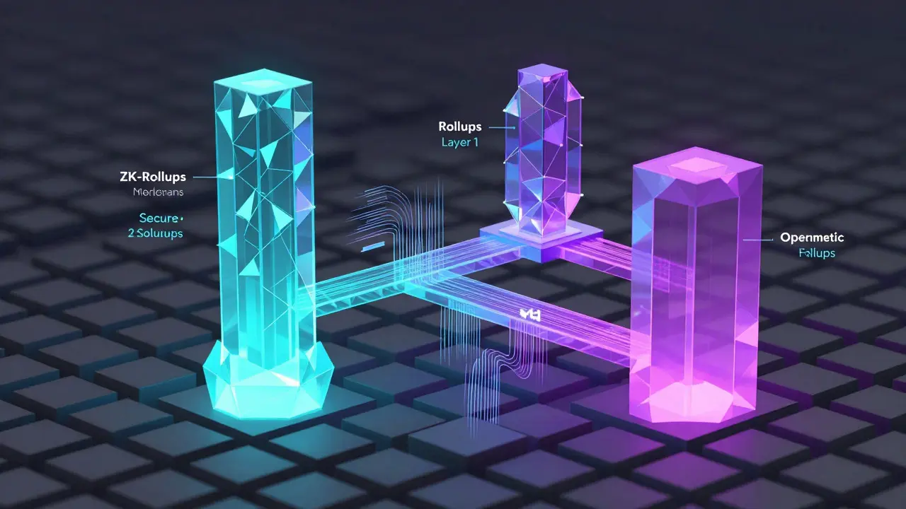 Low poly illustration of Layer 2 towers rising above a blockchain base
