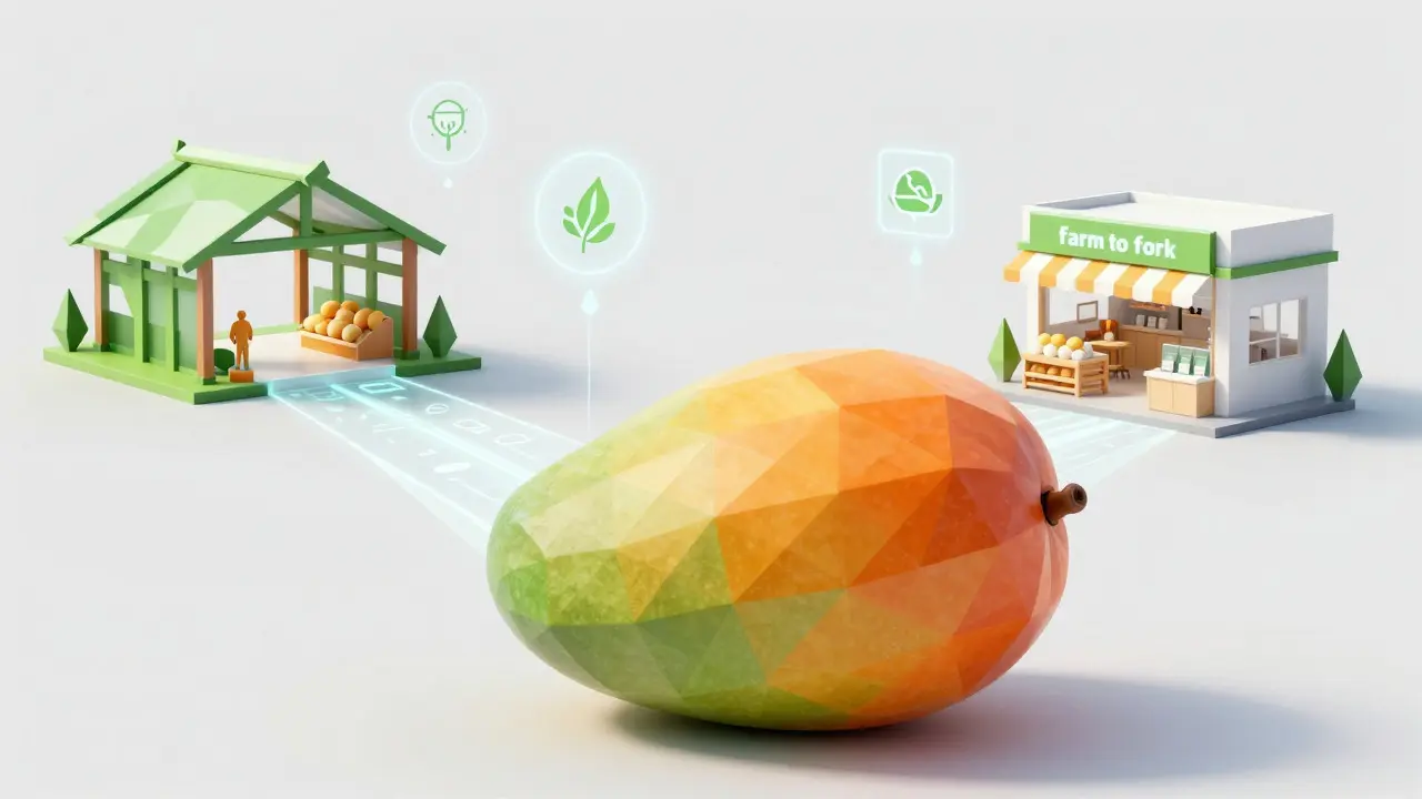 Low poly mango and transparent supply chain path illustrating product traceability and transparency.