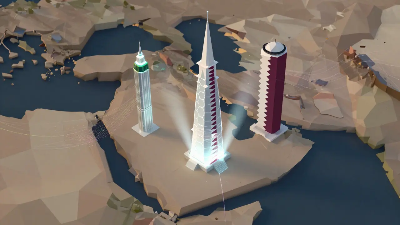 Low poly map of the Gulf showing a caged tower amidst open neighboring structures