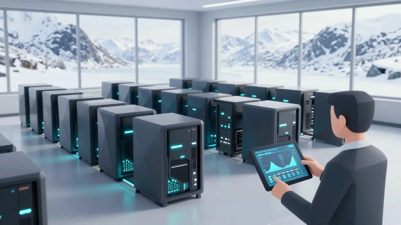 Low poly mining farm interior with servers and snowy Norwegian view