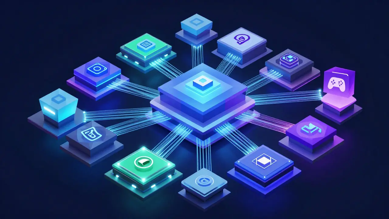 Low poly network showing interconnected blockchain platforms and bridges