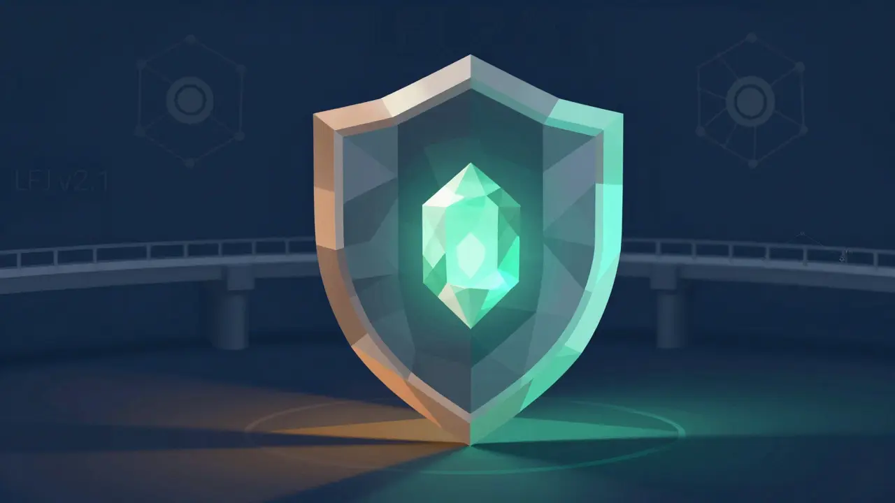 Low poly shield and gemstone symbolizing DeFi security and governance risks