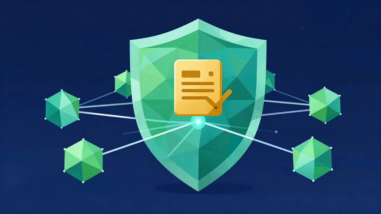 Low poly shield made of network nodes protecting a central contract icon.