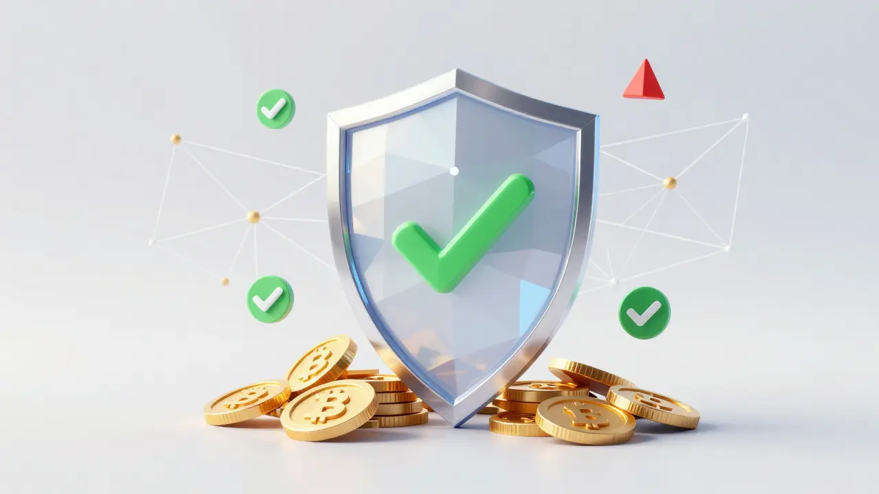 Low poly shield protecting digital coins with a blockchain network background