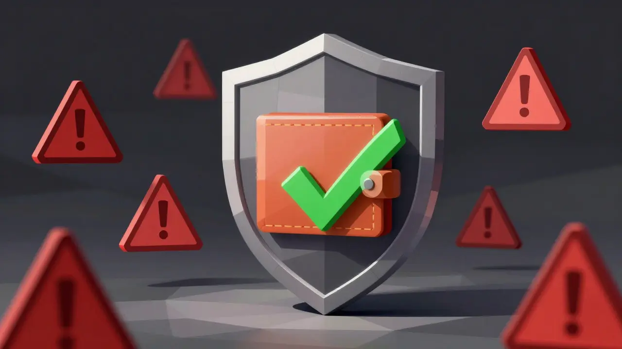 Low poly shield protecting digital wallet from geometric scam threats