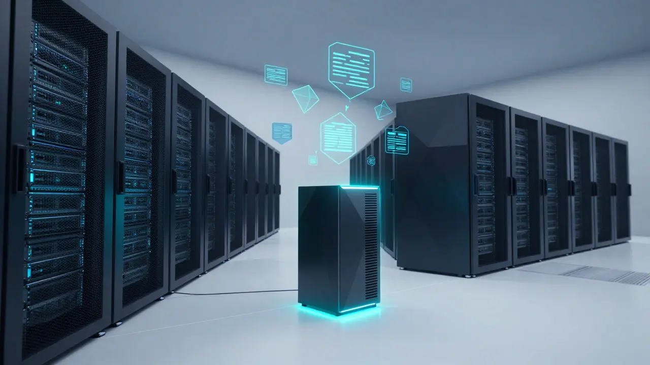 Low poly style image of secure server room with glowing HSM unit