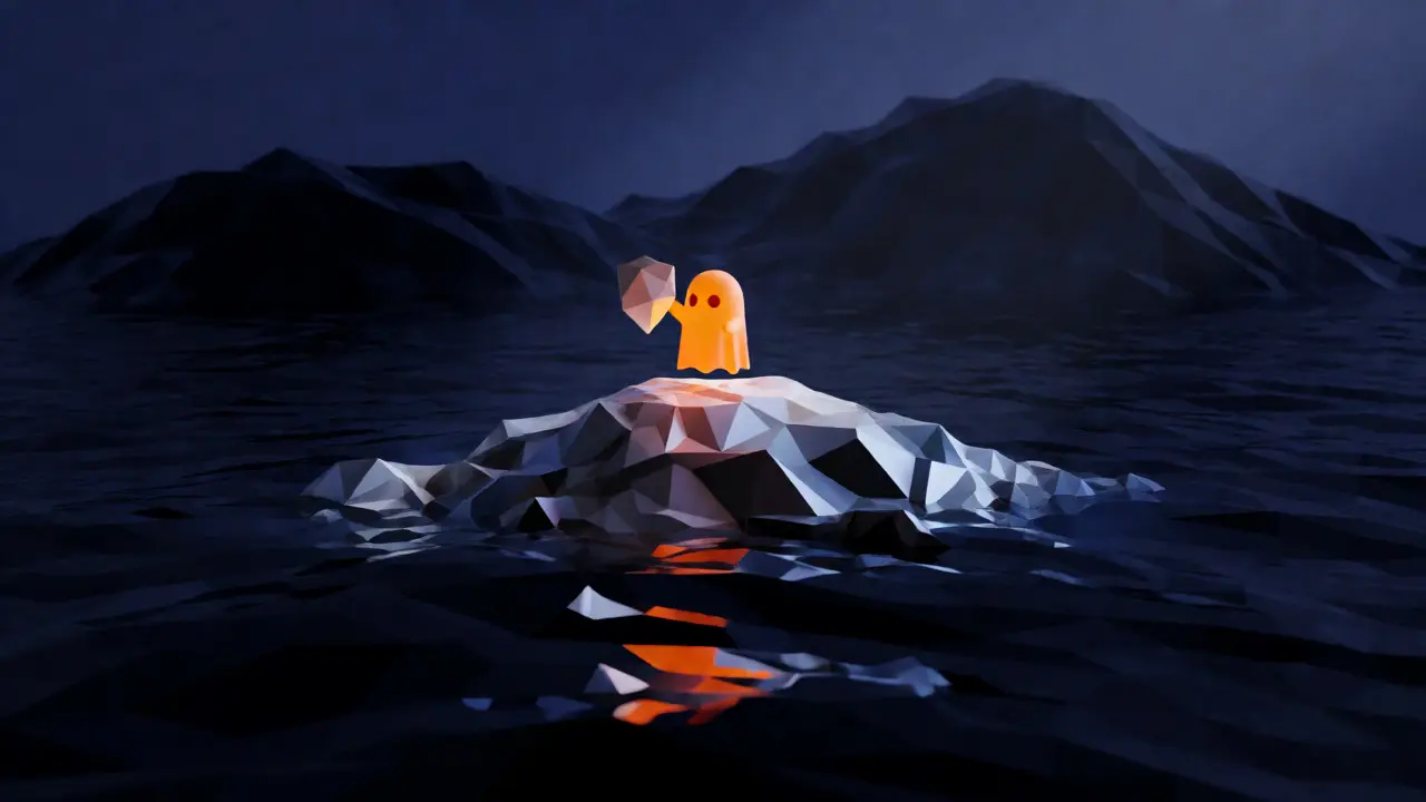 Small orange ghost on a rocky island in a dark sea
