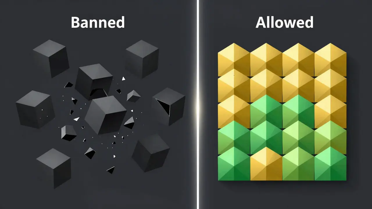 Split screen low poly art contrasting chaotic dark crypto blocks with ordered gold tokens