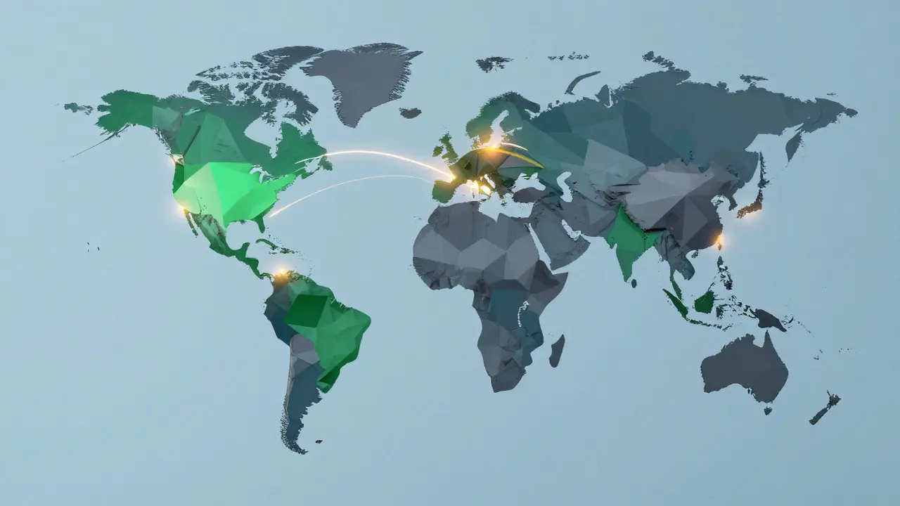 Stylized low poly globe showing connected active trading regions