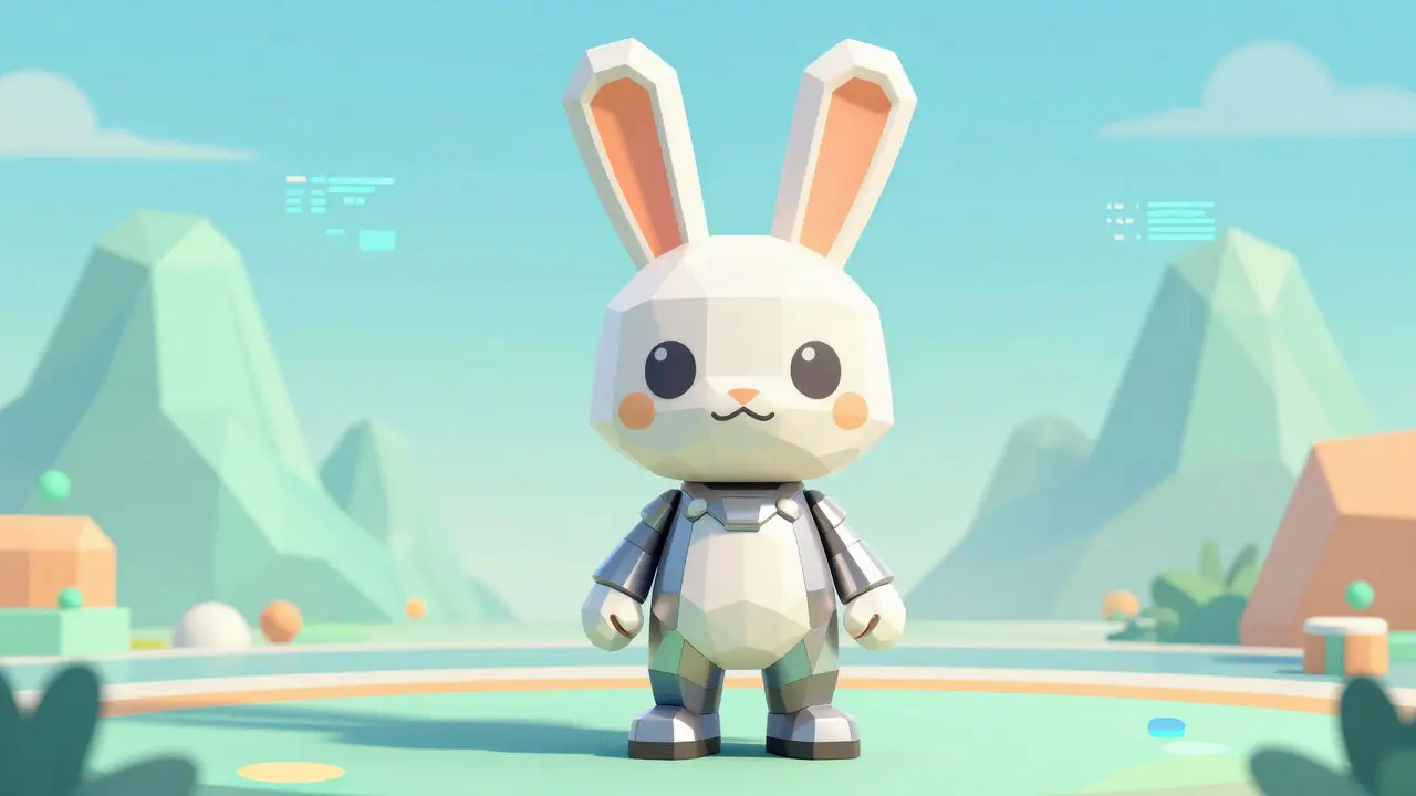Stylized low poly rabbit character in a futuristic suit standing in a digital arena