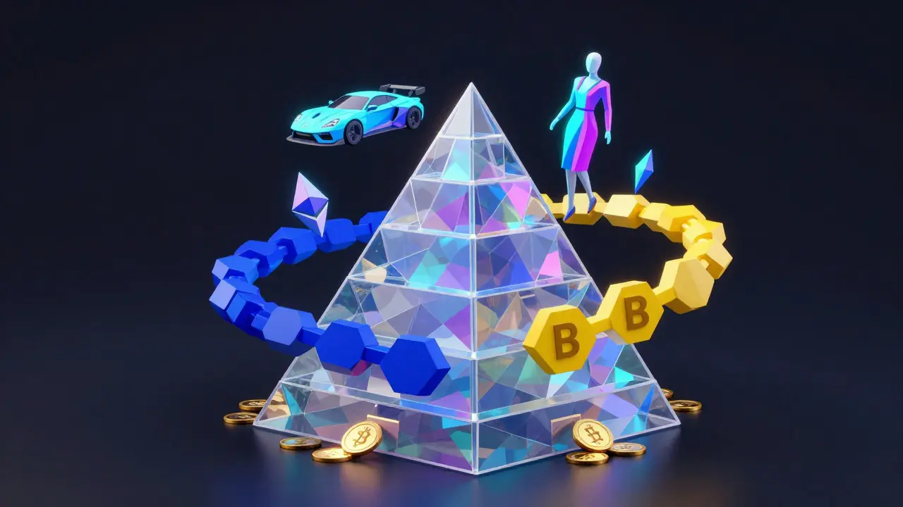 Tiered low poly pyramid showing staking levels and cross-chain rewards