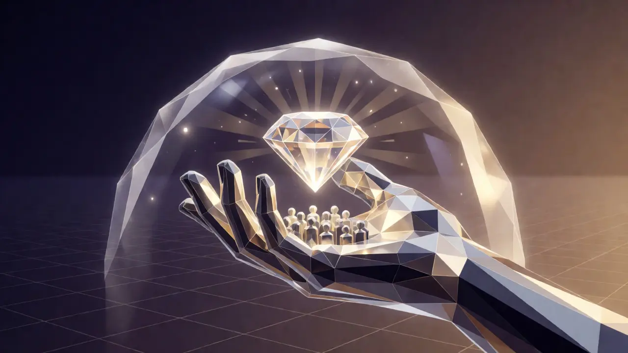 A polygonal hand holding a glowing gemstone that shields a digital community cluster.