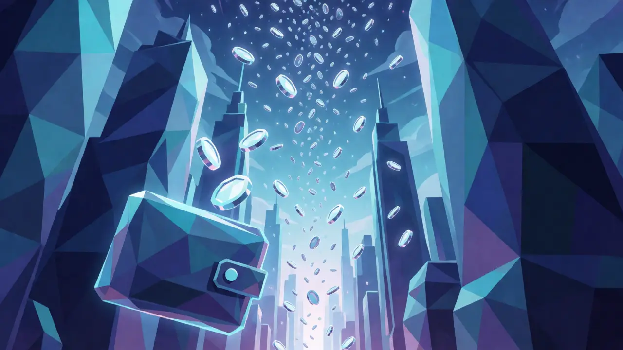 A rain of low poly cryptocurrency tokens falling over a futuristic polygonal cityscape.
