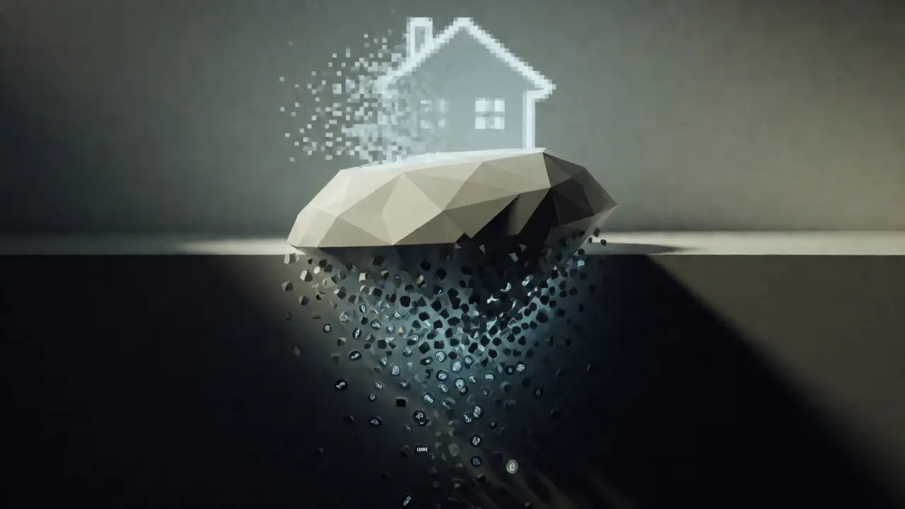 A shattering low poly diamond transforming into falling tokens above a dark void.