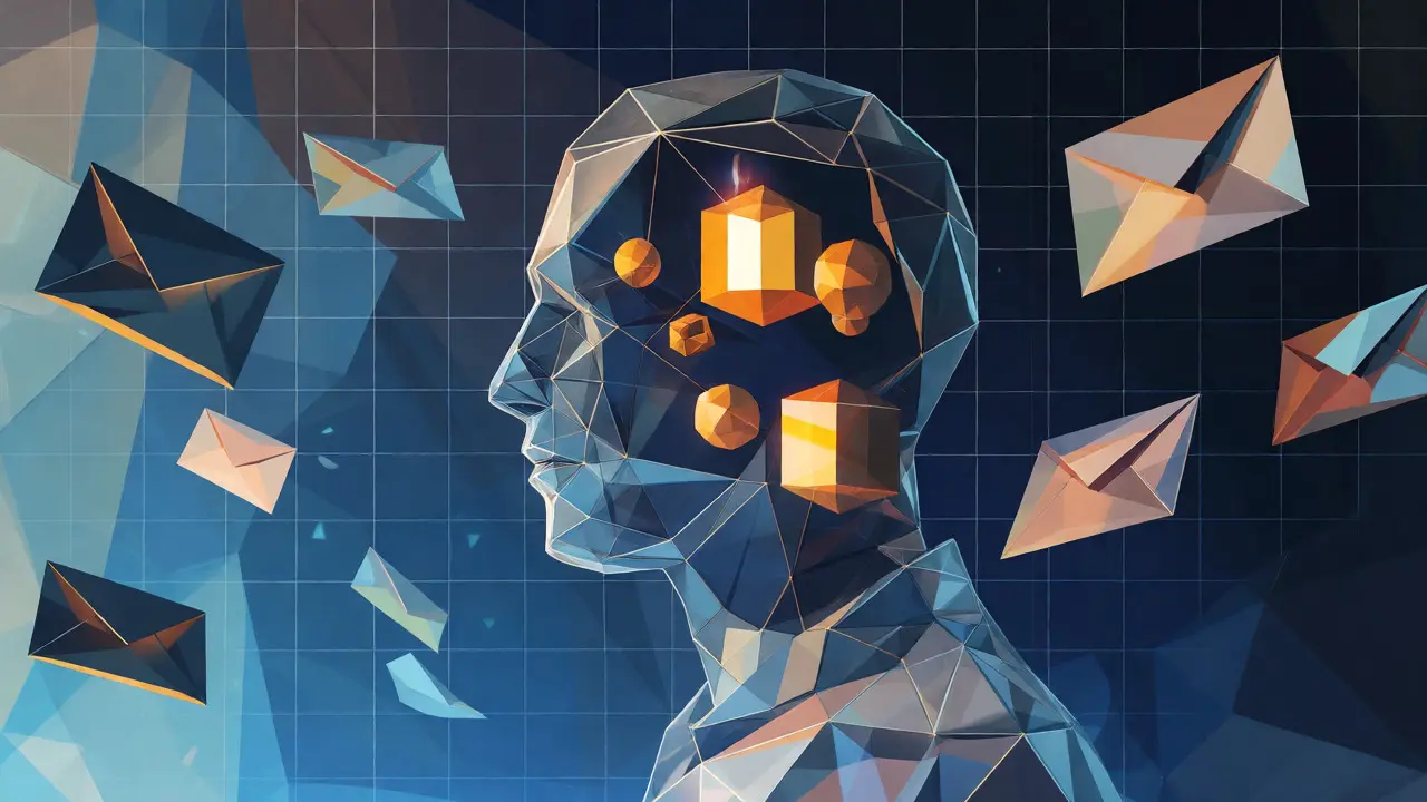 Abstract low-poly figure containing data blocks representing user identity verification