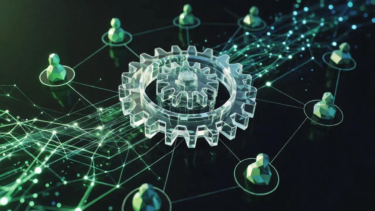 Abstract low poly gears and data streams representing smart contract automation.