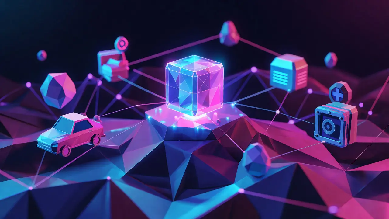 Abstract low poly illustration showing BaaS connecting automotive, healthcare, and finance sectors via smart contracts.