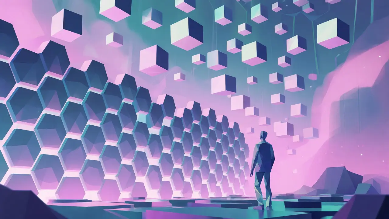 Abstract low poly scene depicting sustainable crypto network security
