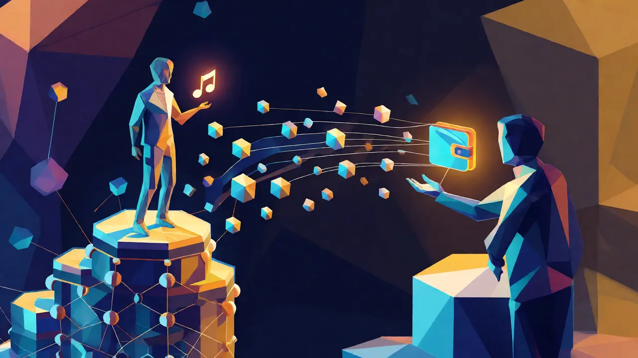 Abstract low poly scene showing value transfer between artist and fan via smart contracts