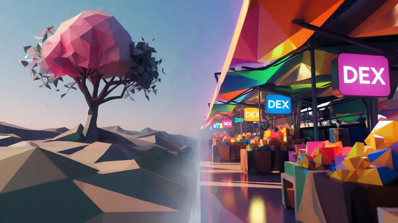 Active crypto market vs isolated abandoned low poly island