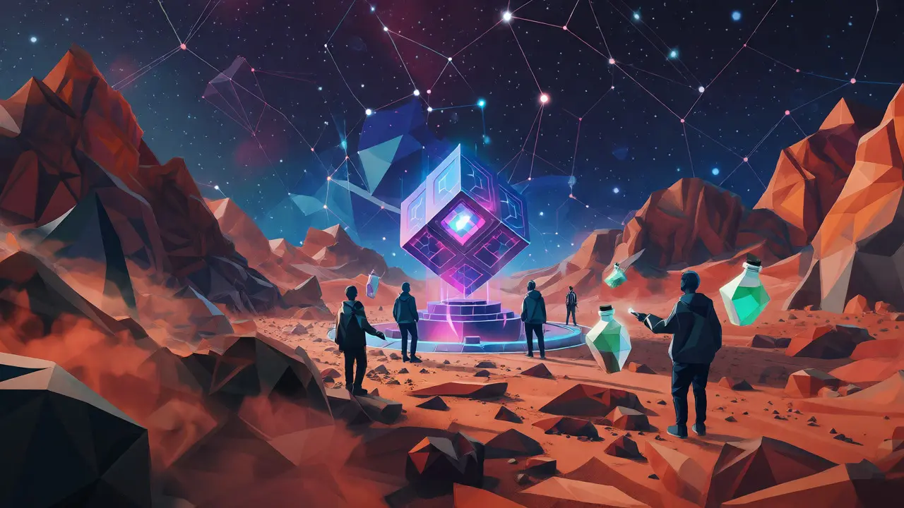 Avatars in a low-poly Mars metaverse environment with floating potions