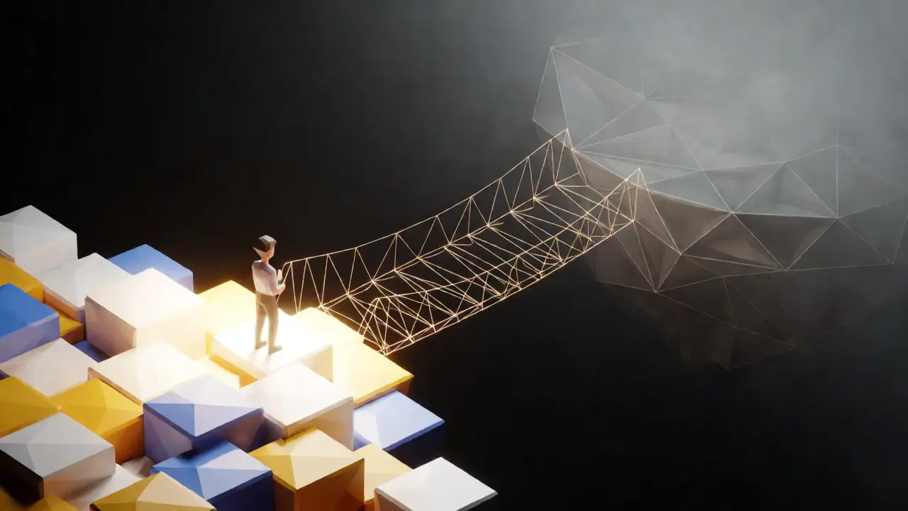 Conceptual low poly art showing a risky bridge between stable and unstable crypto platforms.