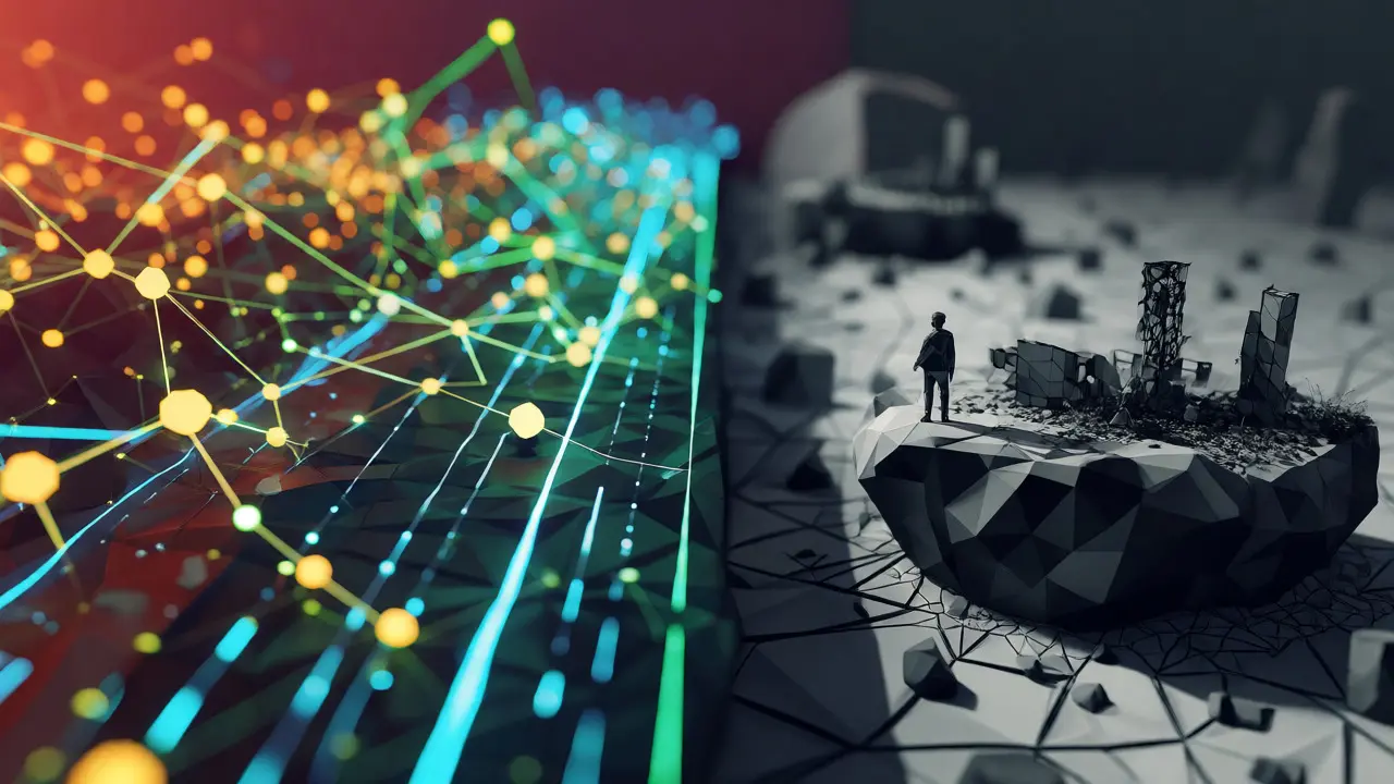Contrast between active DeFi networks and an isolated, dead exchange platform in low poly style.