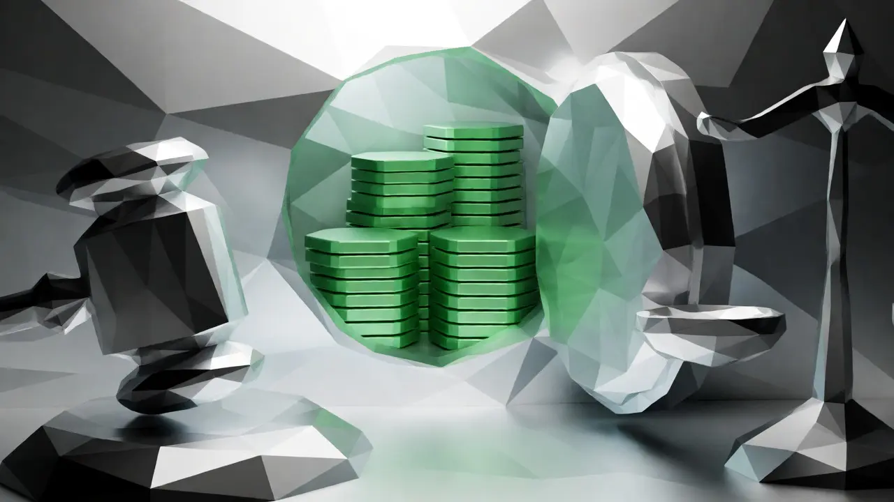 Crystalline vault containing digital discs and legal symbols