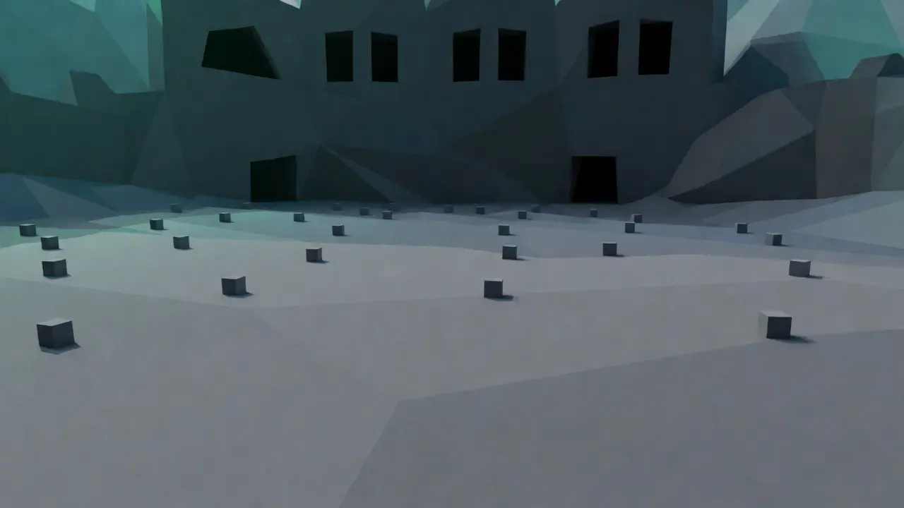 Desolate low poly landscape representing low trading volume and market emptiness.