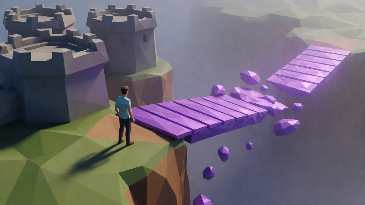 Figure viewing unstable purple bridge vs solid crypto fortresses