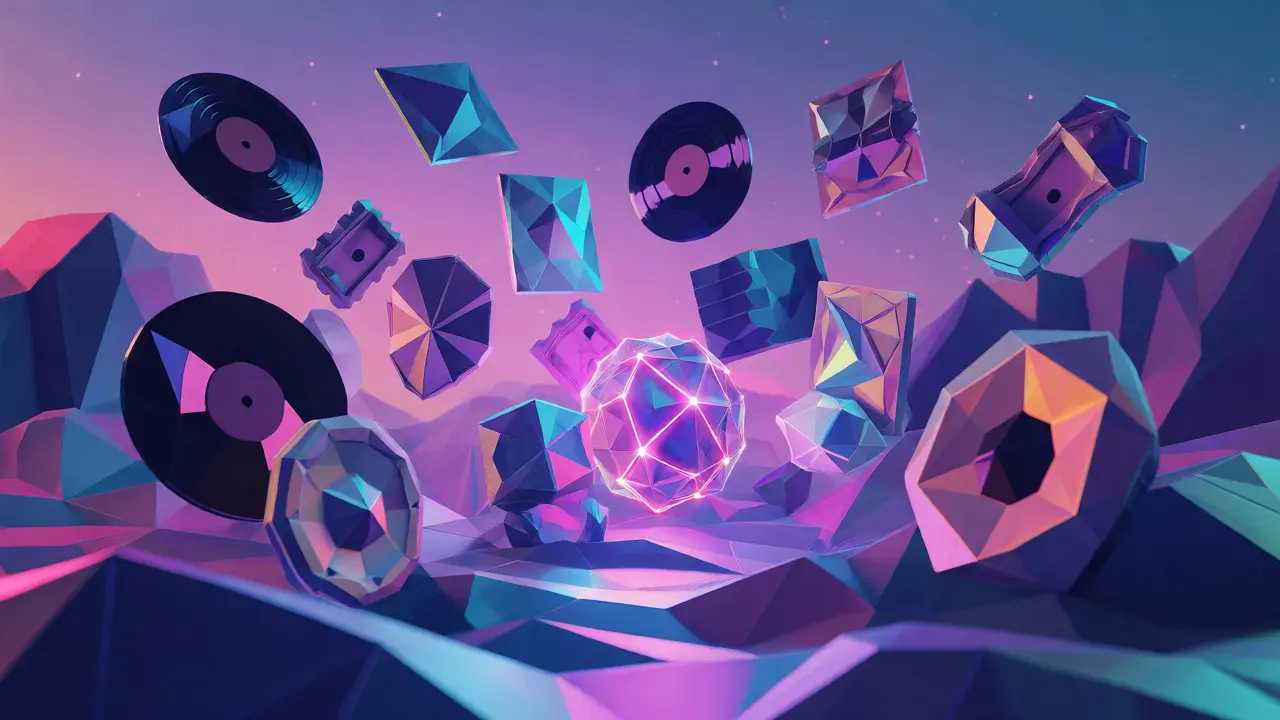 Floating low poly music memorabilia orbiting a central digital core