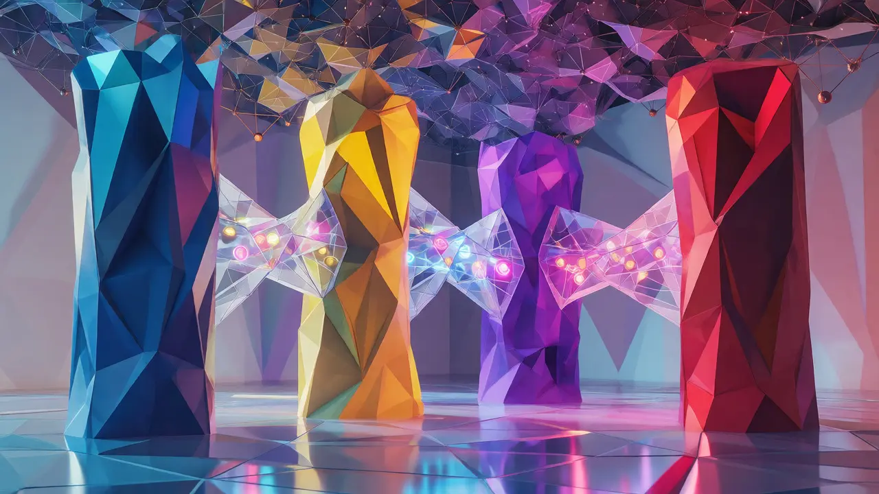 Four low poly blockchain pillars connected by cross-chain token bridges
