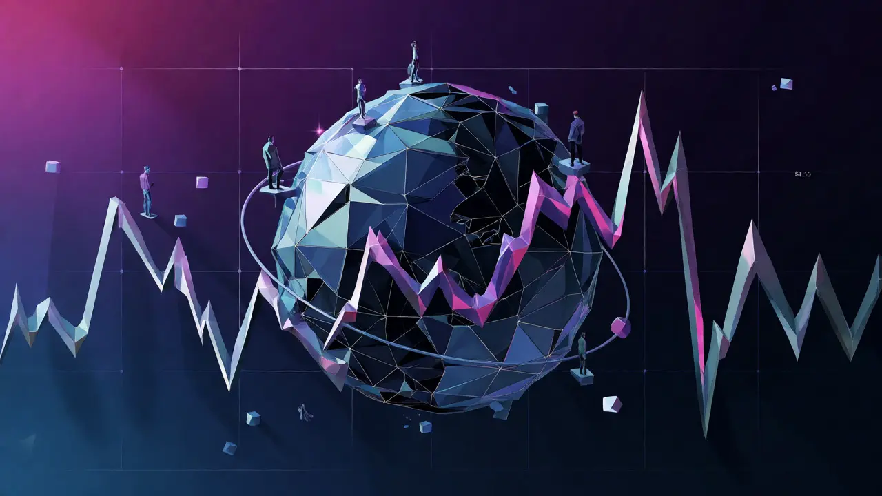 Fragmented low poly globe with a volatile crystal price chart orbiting it