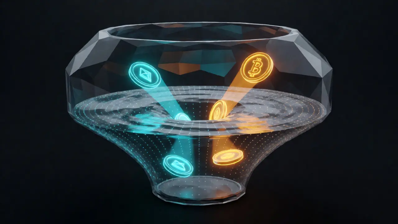 Futuristic low poly liquidity pool with swirling tokens and hyperbolic curve.