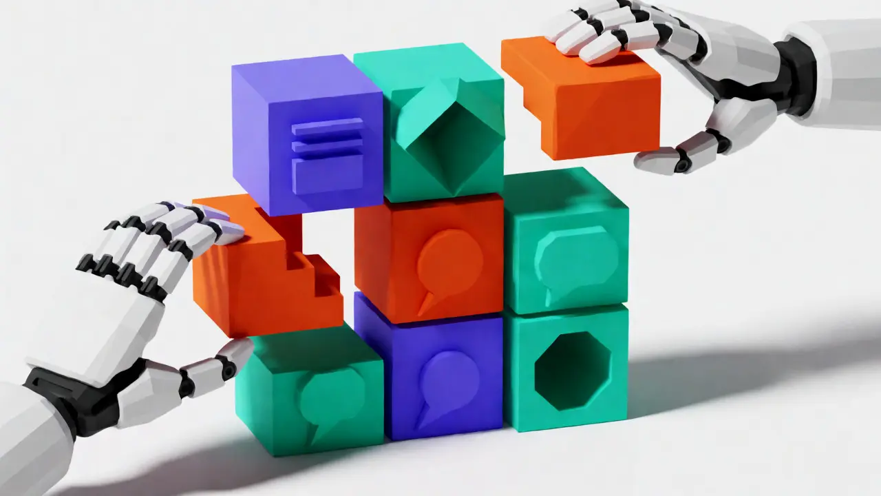 Geometric modular blocks being assembled into a SocialFi structure by faceted robotic hands.