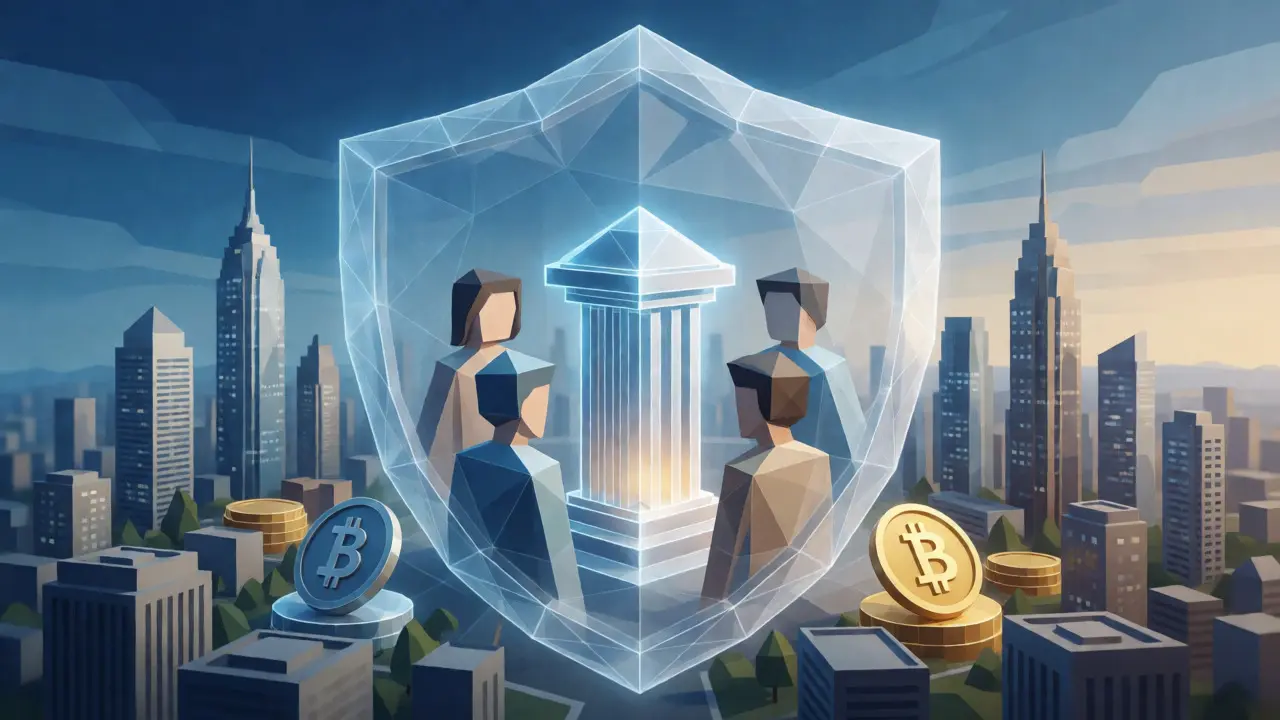 Geometric shield protecting a stylized city skyline